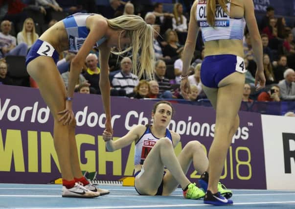 Laura Muir, centre, is congratulated by fellow Scot Eilish McColgan after Muir's victory in the 3000m final at the SPAR British Athletics Indoor Championships in Birmingham.  Picture: Michael Steele/Getty Images
