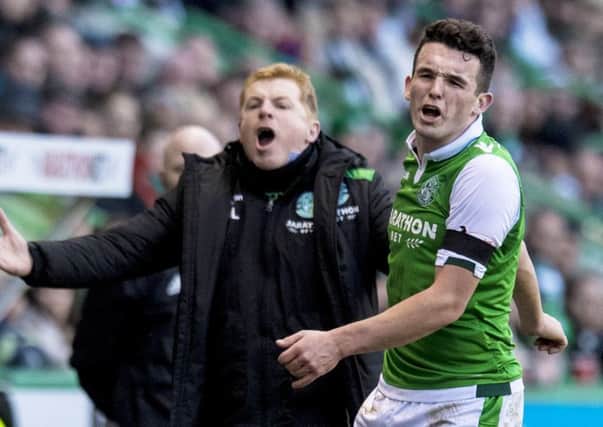 John McGinn, right, with his manager Neil Lennon during Hibs' 2-0 win over Aberdeen. Picture: SNS