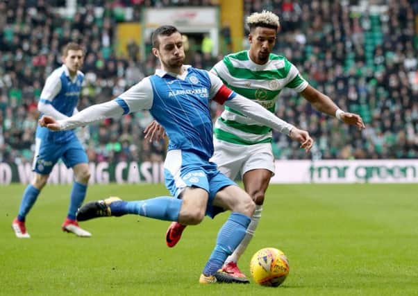 Scott Sinclair and St Johnstone's Joe Shaughnessy battle for possession. Picture: PA