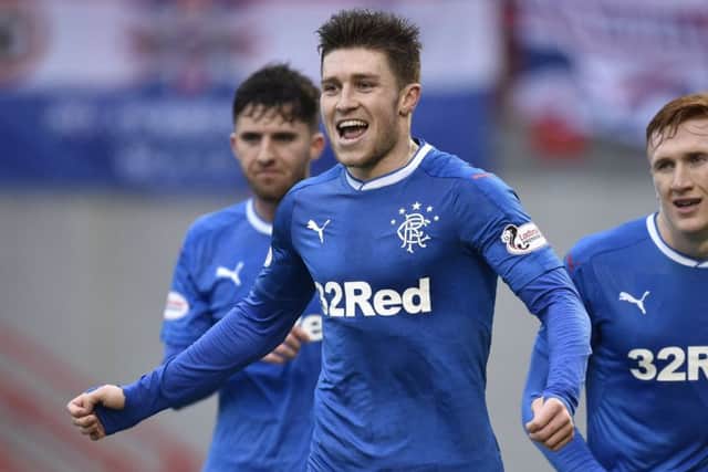 Rangers' Josh Windass celebrates his third goal against Hamilton. Picture: SNS.