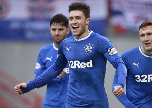 Rangers' Josh Windass celebrates his third goal against Hamilton. Picture: SNS.