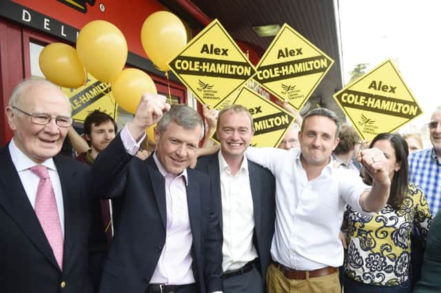 Alex Cole-Hamilton (right) celebrates becoming an MSP in 2016 at his office in Corstorphine with Scottish Liberal Democrat leader Willie Rennie, then Liberal Democrat Leader Tim Farron and former party leader Menzies Campbell. Picture: Greg Macvean