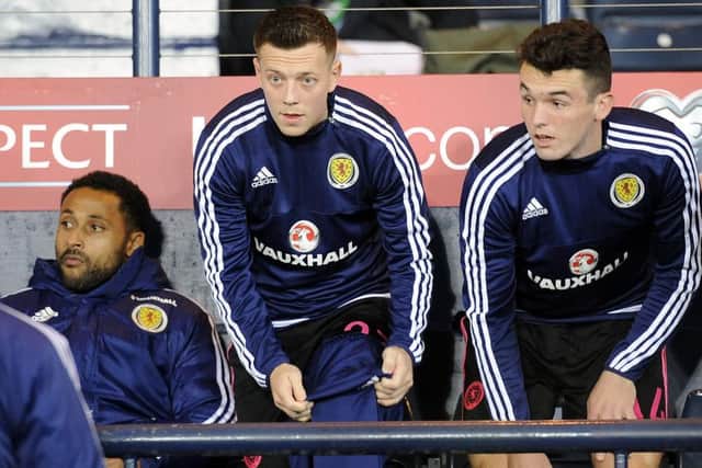 McGregor (centre) on the bench for Scotland against Slovakia in October 2017. Picture: Michael Gillen