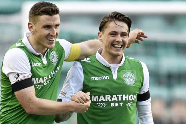 Paul Hanlon with Scott Allan, who made his second home debut for Hibs in the 2-0 win over Aberdeen. Picture: SNS Group