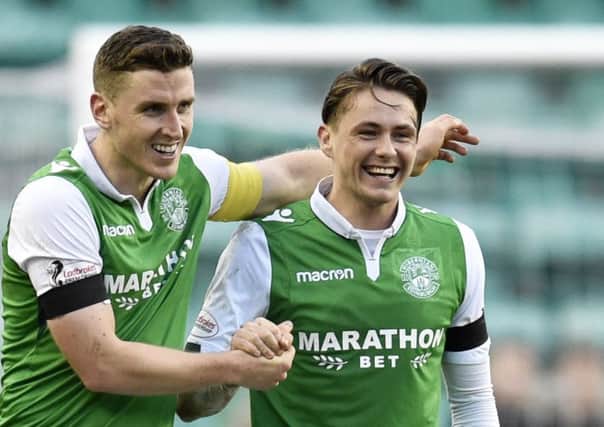 Paul Hanlon with Scott Allan, who made his second home debut for Hibs in the 2-0 win over Aberdeen. Picture: SNS Group