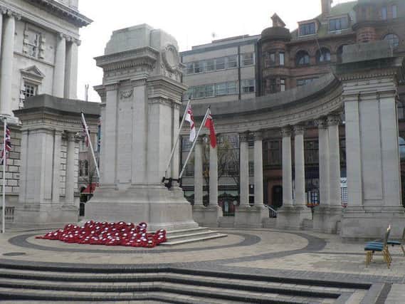 The cenotaph in Belfast city centre, which became a focus for public mourning following the 1971 killings