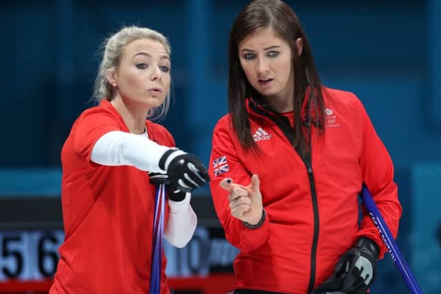GB skip Eve Muirhead, right, and Anna Sloane weigh up a shot. Picture: PA