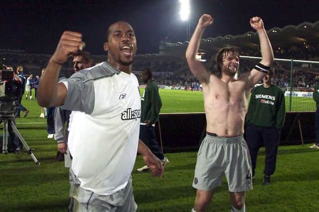 Mark De Vries (left) and Steven Pressley celebrate after Hearts' victory over Bordeaux. Picture: SNS