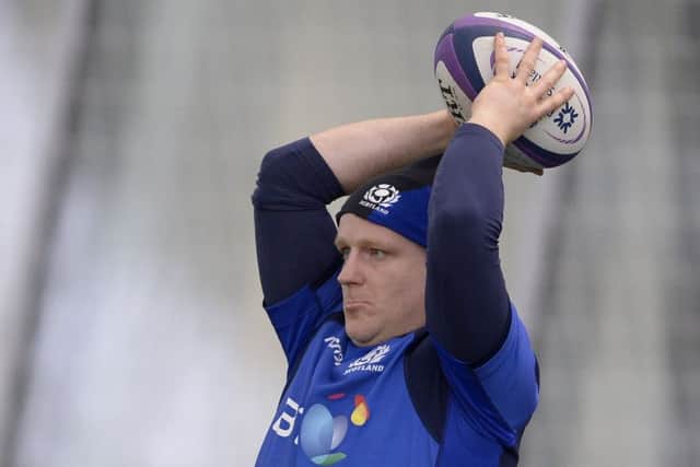 Scotland hooker Scott Lawson practises his lineout throws during a training session at Oriam. Picture: Neil Hanna