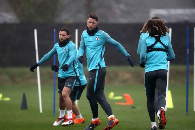 Club captain Gary Cahill trains as Chelsea prepare for their Champions League meeting with Barcelona. Picture: PA.