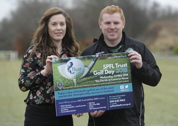 Hibs manager Neil Lennon, joined by SPFL Trust chief executive Nicky Reid, promotes the SPFL Trust Golf Day 2018 in partnership with the Chris Mitchell Foundation. All funds raised will go towards mental health first aid training at Scottish football clubs. Picture: Neil Hanna