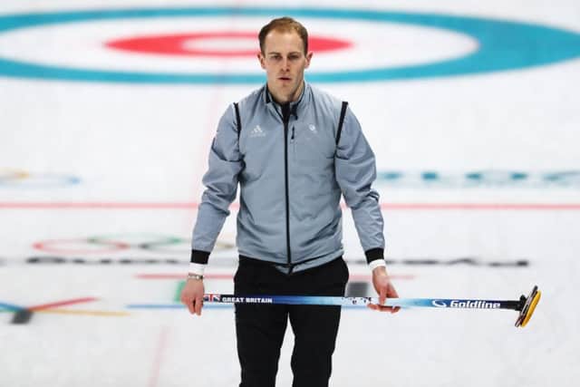 Kyle Smith looks on in the match with Switxerland at the Gangneung Curling Centre. Picture: Getty images