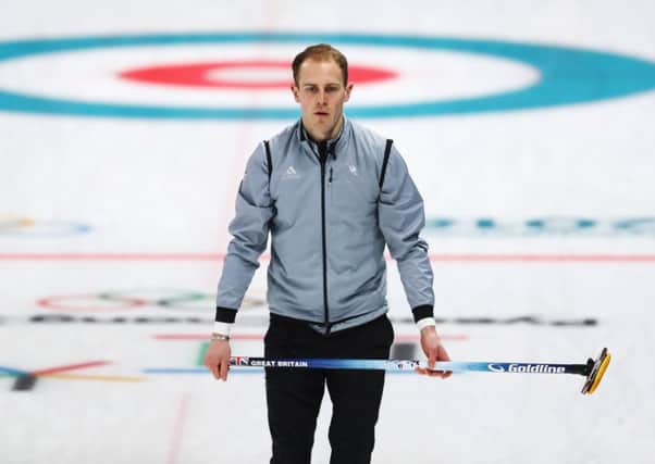 Kyle Smith looks on in the match with Switxerland at the Gangneung Curling Centre. Picture: Getty images