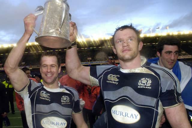 RBS Six Nations Championship match between Scotland and England at Murrayfield on March 8, 2008 in Edinburgh.  Pictured, Chris Patterson and Jason White with the Calcutta Cup. Photo: Jane Barlow