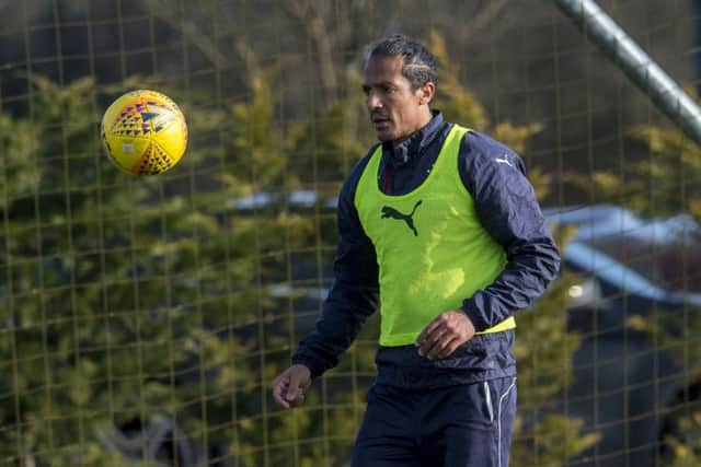 Bruno Alves, in training yesterday, is in line for his first Rangers appearance of 2018 this afternoon. Picture: SNS.