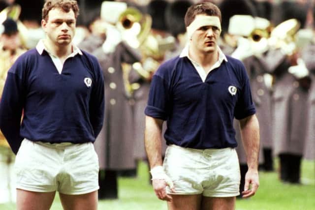 Scotland's Knny Milne and captain David Sole line up before their Wales v Scotland Five Nations rugby match at Cardiff Arms Park in March 1990.