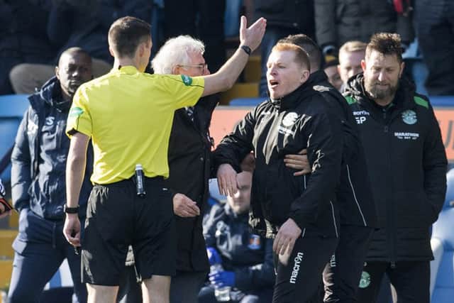 Neil Lennon is sent to the stand by Kevin Clancy. Picture: SNS Group