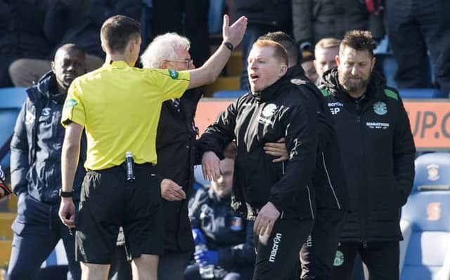 Neil Lennon is sent to the stand by Kevin Clancy. Picture: SNS Group