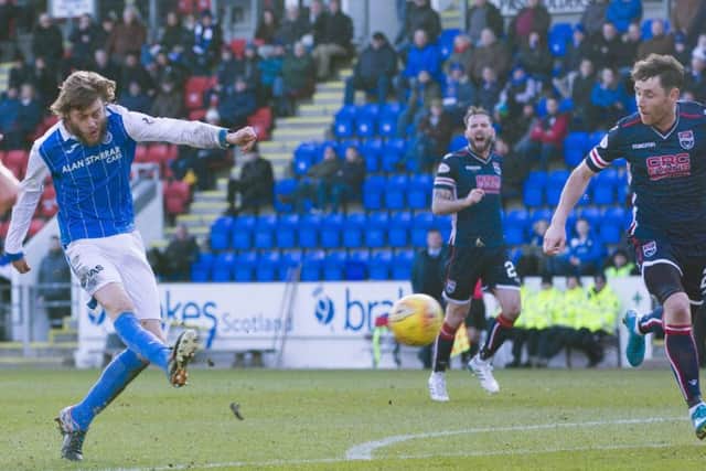 Murray Davidson puts the game beyond County with an arcing shot that made it 2-0. Photograph: Kerry Smith/SNS