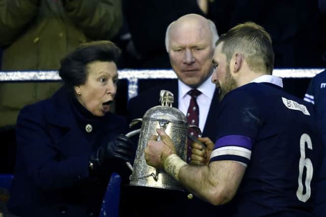 HRH the Princess Royal hands the Calcutta Cup to Scotland captain John Barclay. Picture Ian Rutherford/PA Wire
