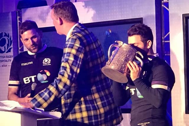 Scotland captain John Barclay with Doddie Weir and Greig Laidlaw celebrating their victory over England to win the Calcutta Cup
, Picture: Twitter