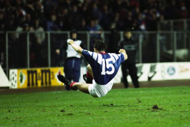 Gary McSwegan celebrates after scoring in the Champions League against Marseille in 1992. Picture: SNS