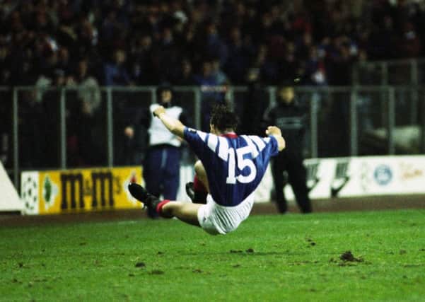 Gary McSwegan celebrates after scoring in the Champions League against Marseille in 1992. Picture: SNS