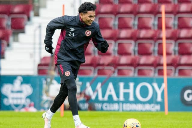 Demetri Mitchell trains yesterday as Hearts prepare for this evenings visit of Kilmarnock. Picture: SNS.
