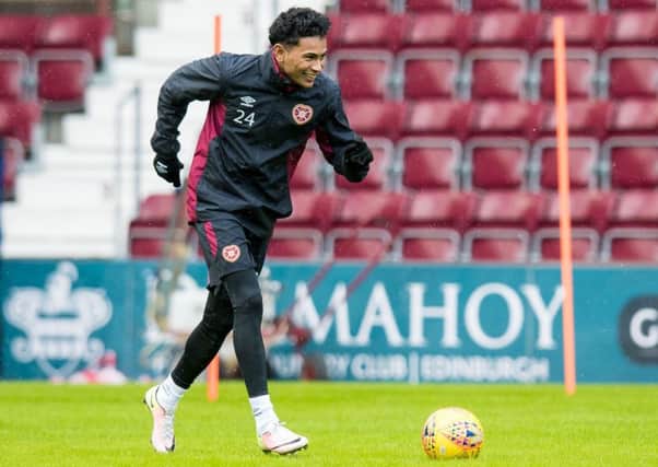 Demetri Mitchell trains yesterday as Hearts prepare for this evenings visit of Kilmarnock. Picture: SNS.
