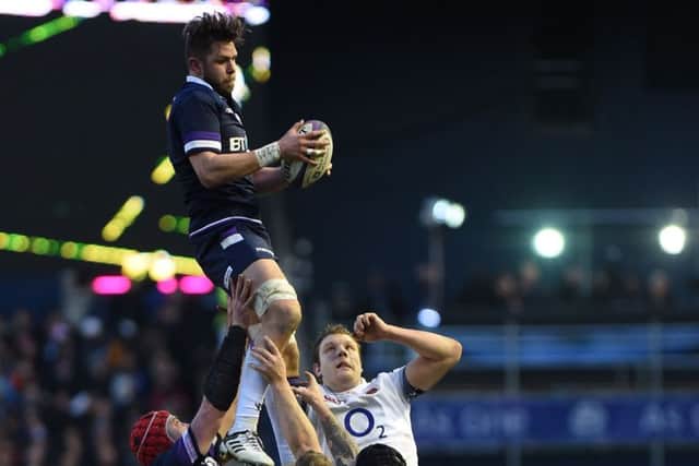 Ryan Wilson claims a high ball during the Calcutta Cup match. Picture: AFP/Getty Images