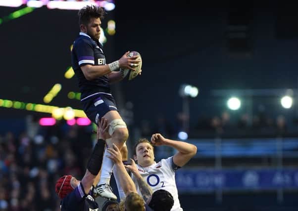 Ryan Wilson claims a high ball during the Calcutta Cup match. Picture: AFP/Getty Images