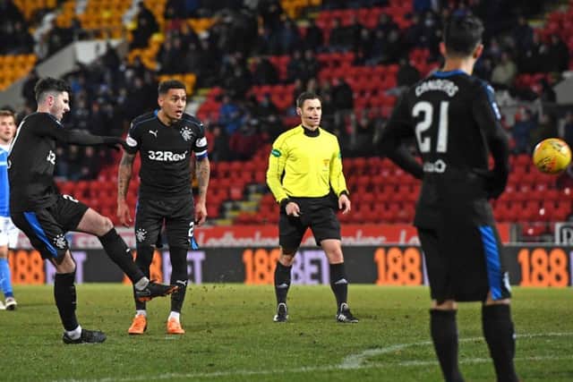 Rangers' Sean Goss scores from a free-kick to make it 3-0. Picture: Craig Williamson/SNS