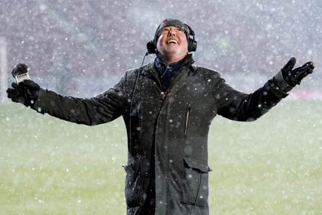 BBC reporter Chick Young in the snow before St Johnstone v Rangers on Tuesday. Picture: SNS