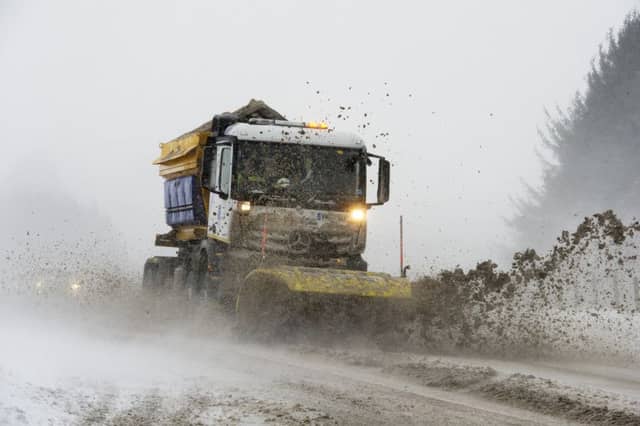 Snow Plough working hard to keep the A68 at Soutra Hill open during blizzard conditions.
Picture: Ian Rutherford