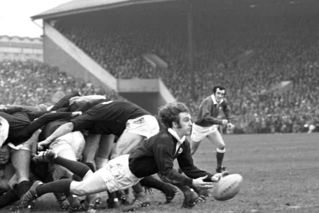 Dougie Morgan dive passes from the scrum during the Scotland v Wales Five Nations match at Murrayfield in March 1977. Picture: TSPL