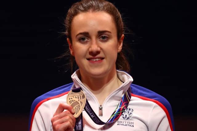 Laura Muir celebrates winning bronze in the 3000 metres at the IAAF world indoor championships in Birmingham. Picture: Michael Steele/Getty Images for IAAF