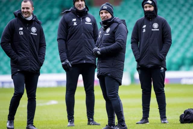 Brendan Rodgers with his coaching staff at Celtic Park for a training session. Picture: SNS Group