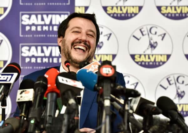 Matteo Salvini, leader of the right-wing and anti-immigrant League party, celebrates his parties surprise result. Picture: Piero CRUCIATTIPIERO CRUCIATTI/AFP/Getty Images