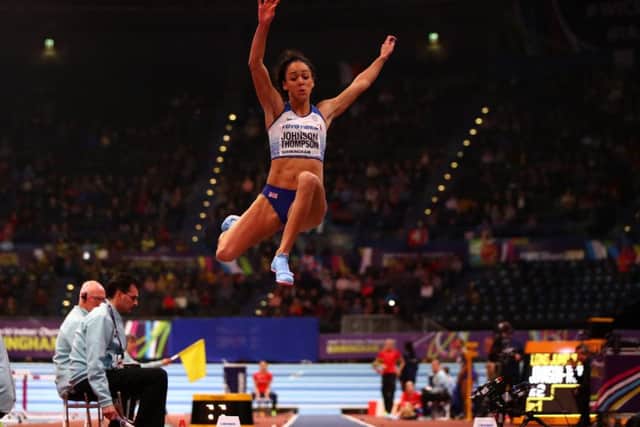 Katarina Johnson-Thompson competes in the long jump on her way to winning pentathlon gold at the world indoor championships. Picture: Getty