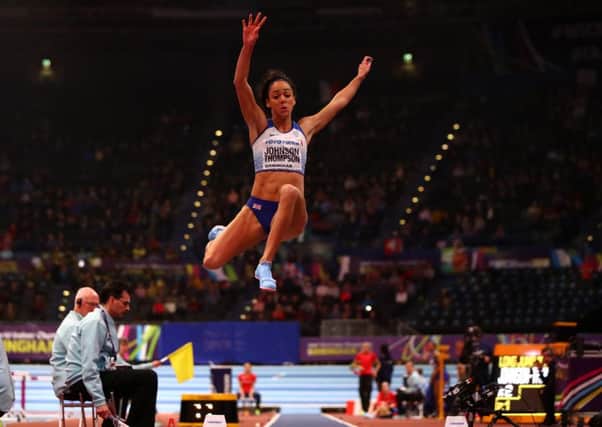 Katarina Johnson-Thompson competes in the long jump on her way to winning pentathlon gold at the world indoor championships. Picture: Getty