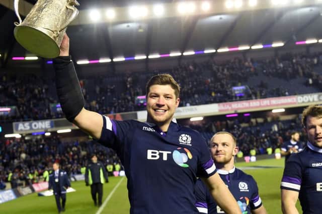 Grant Gilchrist lifts the Calcutta Cup. Picture: SNS/SRU