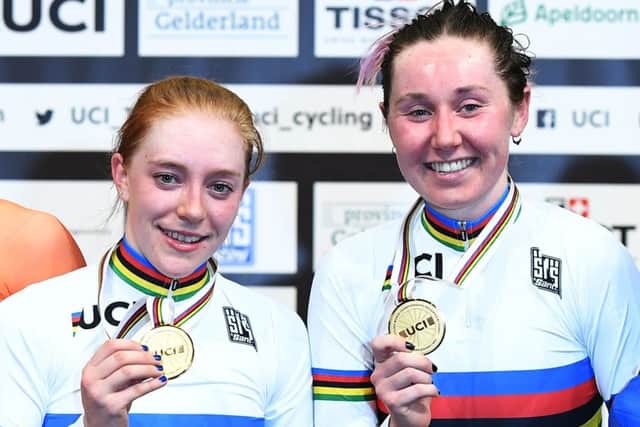 Gold medallists Emily Nelson, left, and Katie Archibald  pose on the podium after their victory in the madison at the UCI Track Cycling World Championships in Apeldoorn. Picture: Emmanuel Dunand/AFP/Getty Images