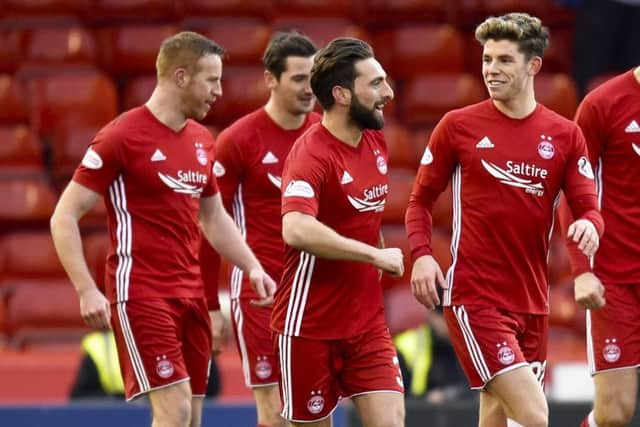 Ryan Christie, right, celebrates with goalscorer Graeme Shinnie after Aberdeen took an early lead against Kilmarnock. Picture: SNS