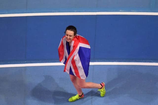 Laura Muir celebrates winning the silver medal behind Genzebe Dibaba in the women's 1,500m final. Picture: AFP/Getty Images