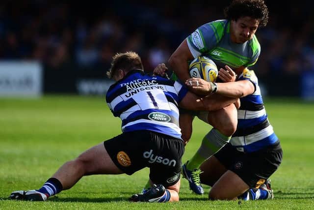 Socino attempts to power past Bath duo Nick Auterac and Chris Cook during an Aviva Premiership clash. Picture: Getty Images