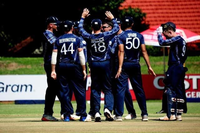 The Scotland players celebrate after Tom Sole dismissed Hong Kong batsman Anshuman Rath. Picture: Getty/ICC