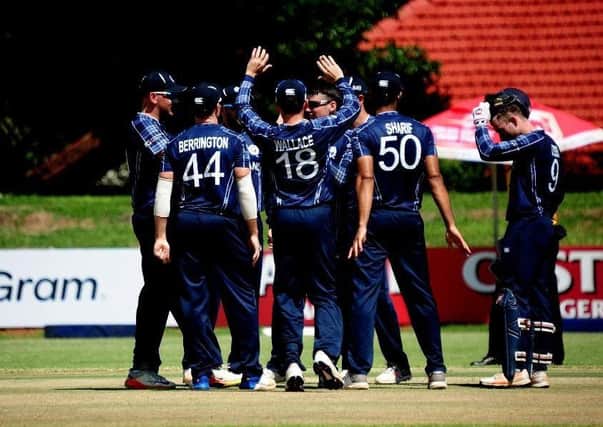 The Scotland players celebrate after Tom Sole dismissed Hong Kong batsman Anshuman Rath. Picture: Getty/ICC