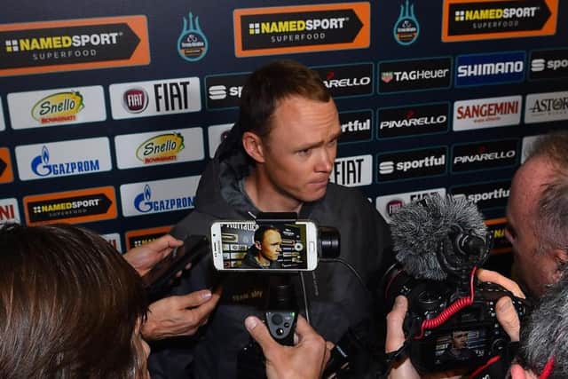 Chris Froome speaks to the press in Italy. Picture: Dario Belingheri/ANSA via AP