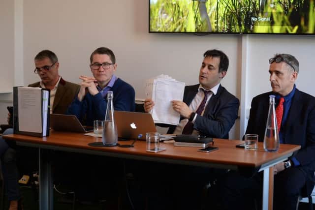 John Ford, right, with, from  left, byline.coms Peter Jukes, Graham Johnson of Byline Investigations and executive director of Hacked Off Evan Harris yesterday. Picture: Kirsty O'Connor/PA Wire
