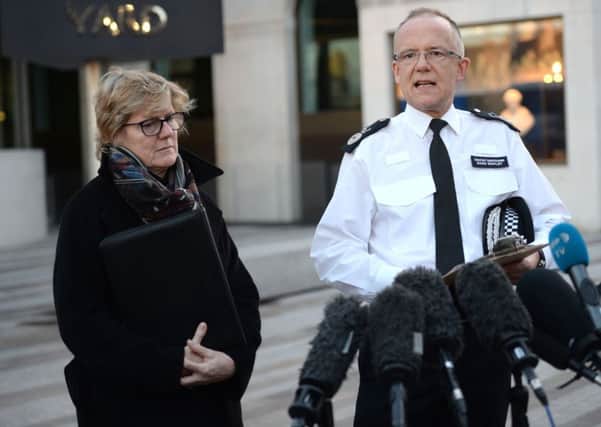 Head of counter-terrorism policing Assistant Commissioner Mark Rowley  and England's chief medical officer Dame Sally Davies outside New Scotland Yard in central London. Picture: Kirsty O'Connor/PA Wire